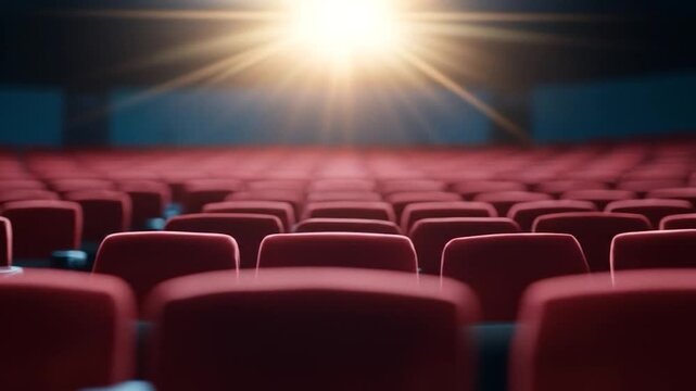 Empty cinema theater auditorium rows of red seats bright projector light beam performance hall event stage screen