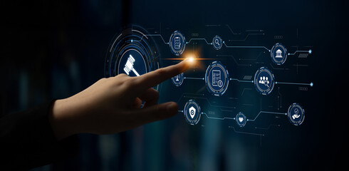 Futuristic digital law interface displaying justice scale, highlighting digital law, AI compliance,...