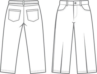 Fashion technical sketch, wide-leg pants front and back, elastic waistband, button closure, belt loops, patch pockets, garment construction, apparel design, sewing pattern, fashion illustration