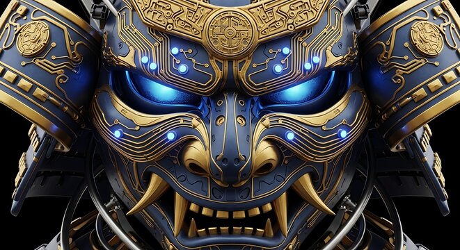 Cyberpunk samurai mask intricate design with circuit board elements close up