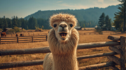 Obraz premium Alpaca with fluffy fur stands at a wooden fence in a sunlit pasture. Golden hour light adds warmth to the scene.