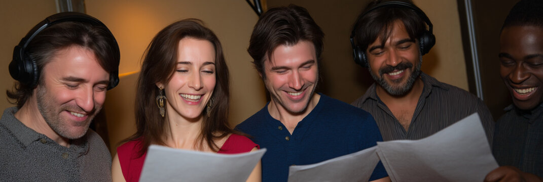 A joyful group of five friends experiences camaraderie while reading together, sharing smiles and laughter, emphasizing the joy of collective storytelling and creativity.