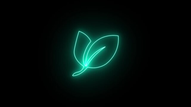 Glowing emerald green neon single leaf icon, symbolizing clean nature, ecology, environmental care, and digital growth.