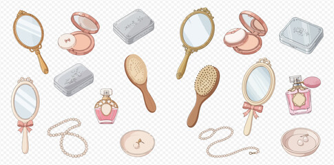 Watercolor illustration of vintage beauty and personal care items including mirrors, brushes, perfume, makeup, and jewelry.