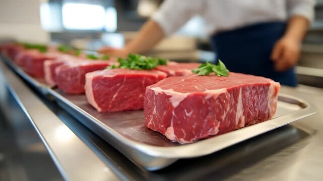 Raw meat steaks on tray in professional kitchen fresh beef preparation food service industry