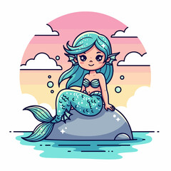 Enchanting Mermaid Resting on a Rock with a Beautiful Sunset Sky