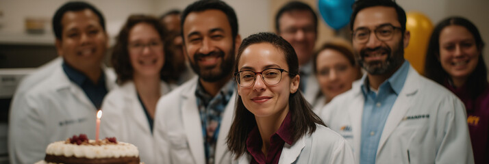 A diverse team of professionals celebrates a special occasion with smiles and camaraderie, showcasing teamwork, achievement, and unity in a friendly environment.