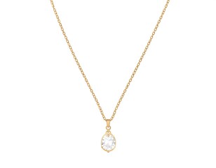 Delicate gold necklace, a simple chain with an oval-shaped pendant against white background