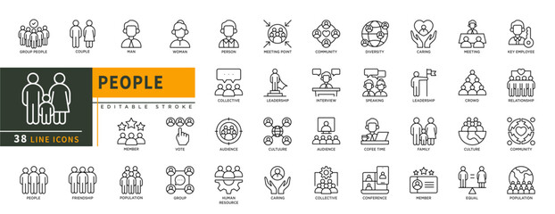 Minimalist People line icons set with editable stroke, featuring couple, man, woman, person, community, speaking, interview, leadership, audience, vote, family, caring, care. thin linear illustration.