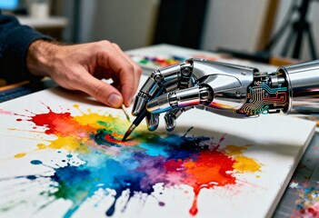 A human artist and a detailed robotic hand painting together on a colorful canvas, symbolizing AI creativity, human-robot collaboration, and generative art.