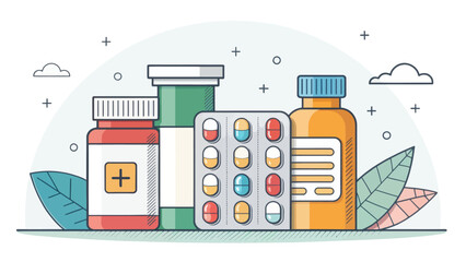 Colorful Vector Illustration of Medicine Bottles and Pills