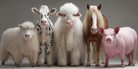 Sheep Dalmatian curly white poodle horse and pink pig stand together in a gray background. They are posed for a group portrait.