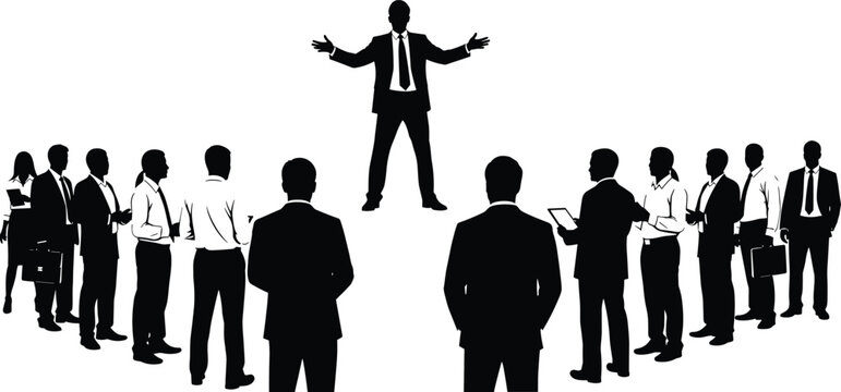 Silhouette business team with leader speaking, corporate presentation, teamwork support, leadership strategy, professional meeting, motivation, unity, success, communication