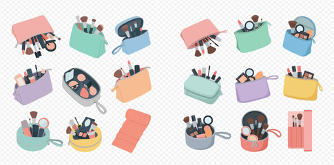 Collection of colorful makeup bags and cosmetic pouches filled with beauty products and brushes, set against a transparent background.