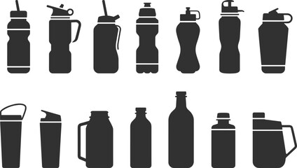 Drink container silhouettes, water bottle icons, thermos shapes, jar designs, beverage vessel set, lid variations, flat vector illustration