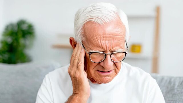 Elderly gentleman with glasses appears discontent as he sits on the couch at home, holding his ear in discomfort from either tinnitus or an ear infection
