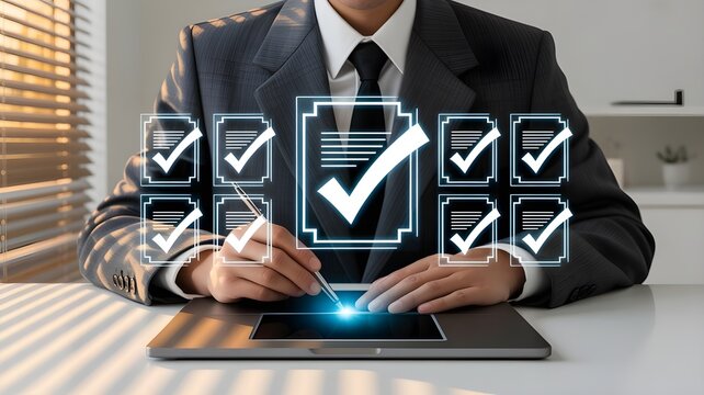 Businessman's finger touches a virtual screen to write notes, representing future business communication and digital success