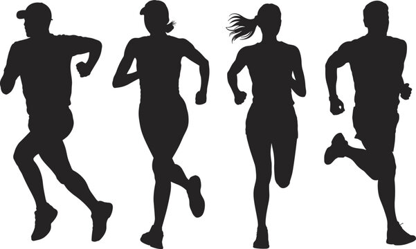 Running silhouette poses, athletic motion icons, fitness activity shapes, jogger movement figures, sports training set, flat vector illustration