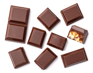 Obraz premium Dark chocolate squares arranged against a stark white backdrop. One piece shows a filled center