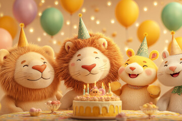 Cute animal friends celebrate a birthday in a living room. A cake with candles and balloons adds a festive mood.