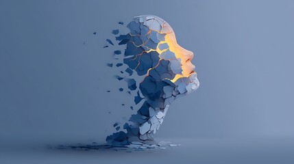 conceptual vector of broken head slowly merging back together with warm light inside, symbol of recovery from burnout, minimalist graphic style, 