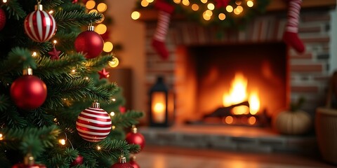Cozy christmas eve with a decorated tree and warm fireplace glow