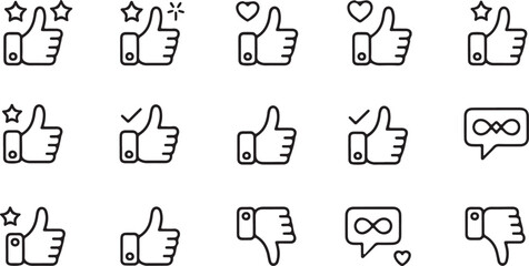 Collection of hand drawn thumb up and thumb down icons with hearts and stars