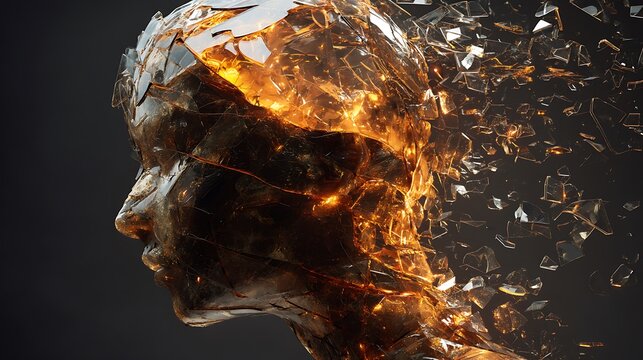 abstract 3D illustration of shattered glass head reforming with fiery core inside, concept of mental healing and new energy, soft orange and amber tones,