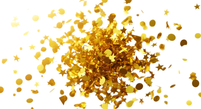 Explosion of golden confetti and glitter isolated on transparent background