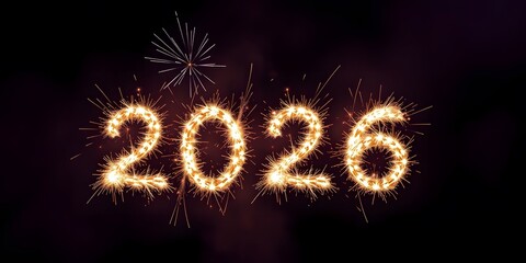 Sparkling 2026 numbers with fireworks on a dark background