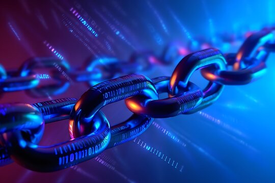 A close up of metallic chains with a digital binary code background