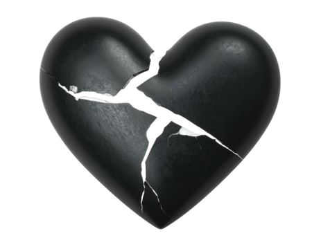 A deeply shadowed, fractured heart rendered in greyscale, revealing stark white cracks, set against a black background