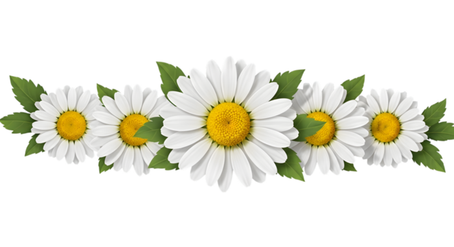 A row of white daisies with green leaves isolated on transparent background