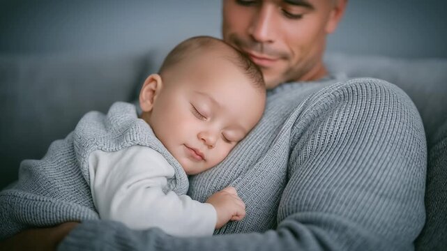 Heartwarming scene of a devoted father cradling his precious sleeping infant son. An endearing and gentle hug capturing the strong bond between father and child