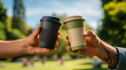 Two people toasting with reusable coffee cups in a sunny park
