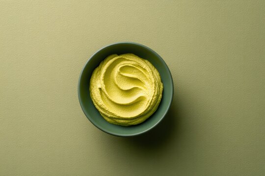 Green Bowl Filled With Appetizing Yellow Hummus, Viewed From Above on a Matching Plain Green Surface