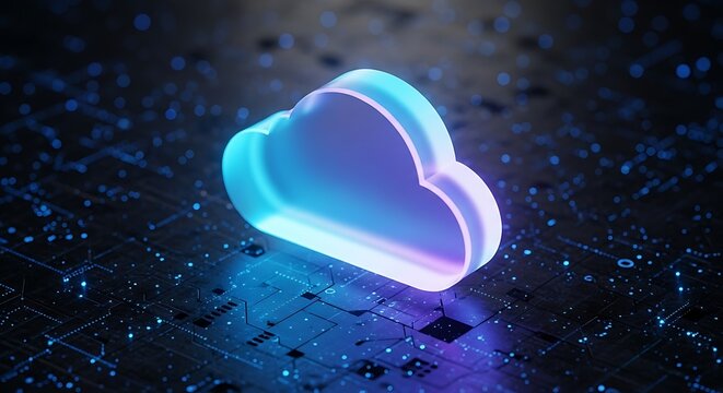 Glowing cloud icon hovering over a digital circuit board background