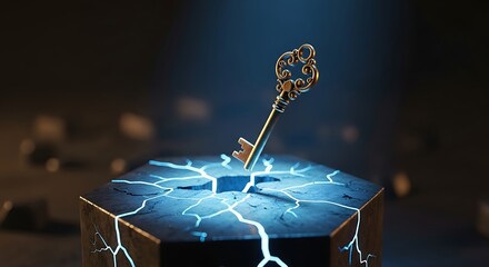 An ornate golden key breaks through a cracked hexagonal stone block