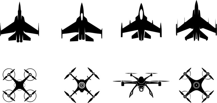 Silhouette illustration features jets and drones, in top-down view, set against a white background