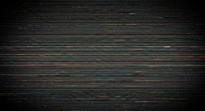 Dark, textured digital static background with colored horizontal lines, creating a glitch effect
