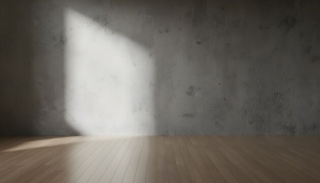 Sunlight from a window illuminates an empty room with a concrete wall and a polished wooden floor. - Powered by Adobe