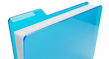Close up of a bright blue folder with white paper inside