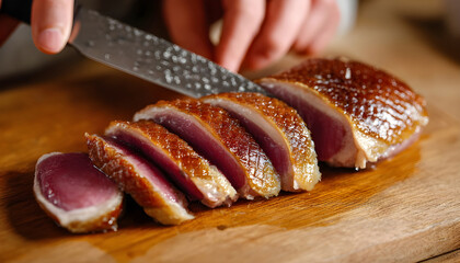 Cutting duck breasts with a knife on a wooden board