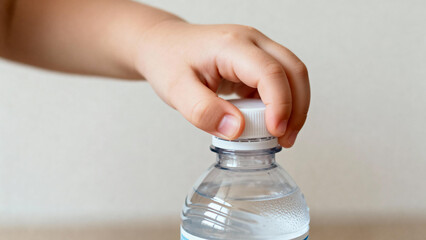 Boy’s hand opening plastic water bottle against neutral background
