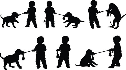 Flat vector child and dog rope toy play, silhouette interaction poses, dynamic pet movement, playful outdoor fun, energetic companionship illustration © MD