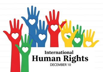 Colorful hands with hearts symbolizing international human rights day on december 10th, isolated on white background