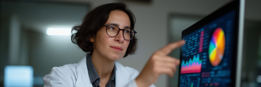 A female scientist observes complex data visualizations on a computer screen, exemplifying the intersection of technology and research in today's scientific advancements.