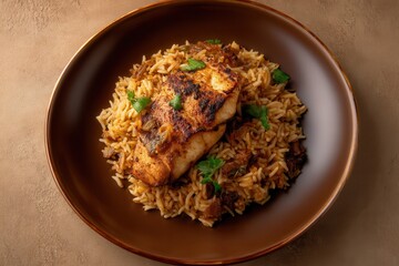Delicious Baked Fish Served Over Rice in Brown Ceramic Bowl, Garnished With Parsley Sprigs