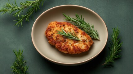Crispy Breaded Chicken Cutlet Served on a Plate With Fresh Rosemary Sprigs