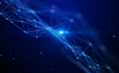 Abstract visualization of a digital network with glowing nodes and connecting lines forming a wave pattern on a dark futuristic background.